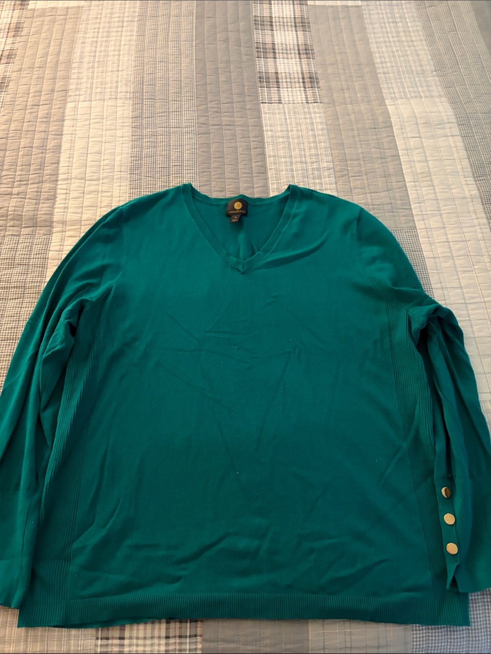 JM Collection Teal V-Neck Long Sleeve Sweater with Gold Buttons